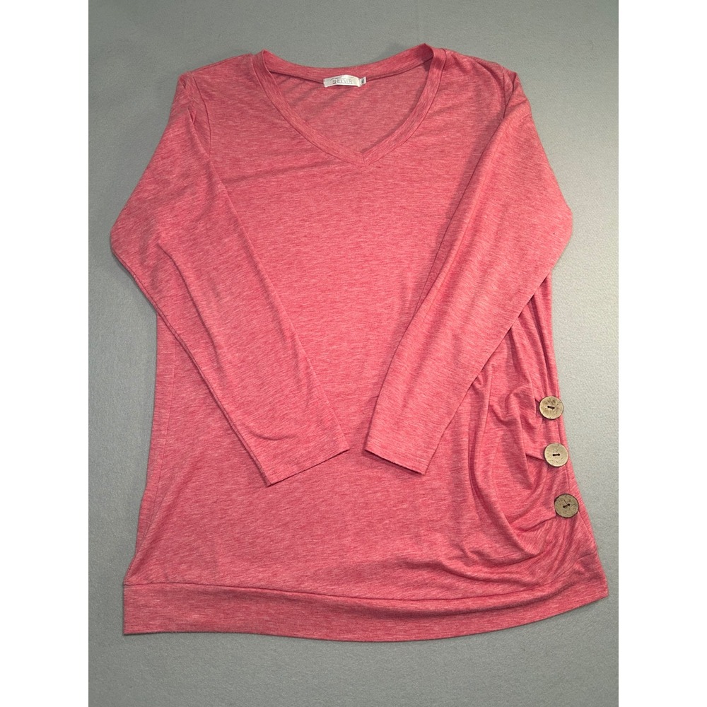 SHIBEVER Top Womens XL Pink V-Neck Long Sleeve Side‎ Button Detail Heathered